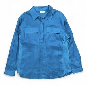 Calvin Klein 100% Linen Button Shirt Blue Turquoise Roll Tab Stretchy Women's 0X